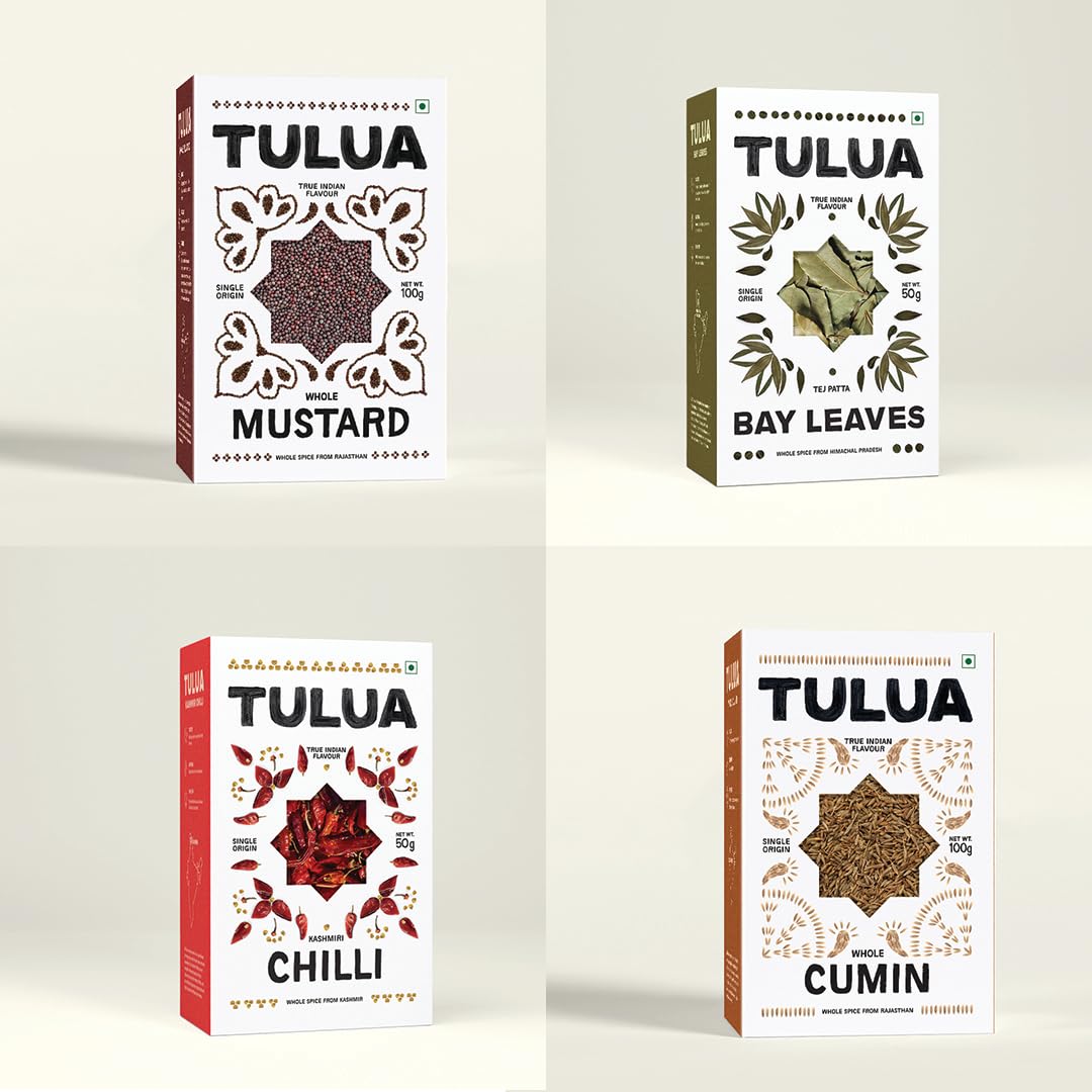 Tulua Natural & Organic Whole Spices Masala Combo Pack of 4 | Cumin Seeds, Mustard Seeds (1x100gm Each), Bay Leaf, Kashmiri Chilli (1x50gm Each)