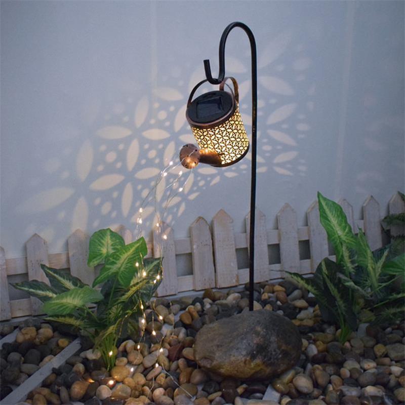 

Outdoor Solar Watering Can Ornament Lamp Garden Art Light Decoration Hollow-out Iron Shower LED Lights String Garden