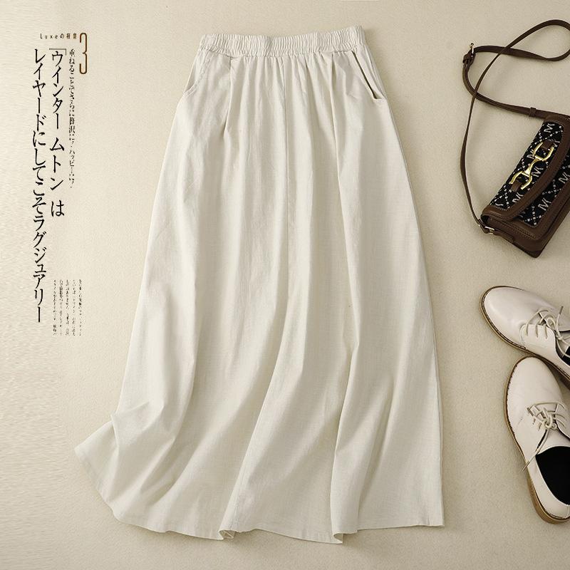 Real summer new large size literary wash cotton and linen elastic waist casual and thin medium and long skirt women