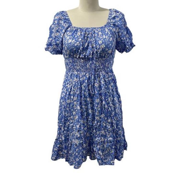 Square Neck Boho Floral Summer Dress Women Short Sleeve Smocked Swing A Line Flowy Ruffle Beach Sundress