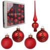 Elegant Set of Christmas Glass Baubles with Top - Red, 18 Pieces