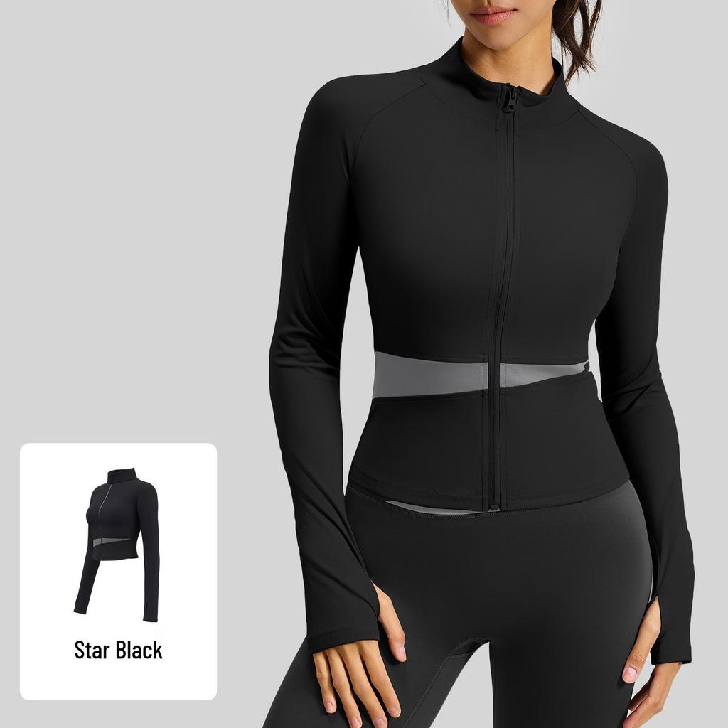 Juyitang Women's Slim Fit Long Yoga Jacket - Nude High Collar Fitness Top