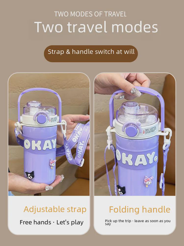 Girls' Stylish 316 Stainless Steel Thermos Cup with Straw & Crossbody Strap, Dual-Opening, 2023 Model