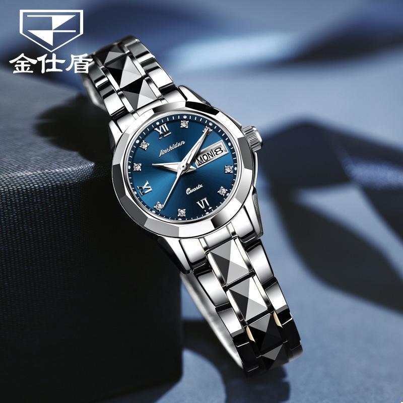 JINSHIDUN New Business and Leisure Ladies Watch Single Calendar Tungsten Steel Mechanical Watch Luminous Waterproof High-end Watch