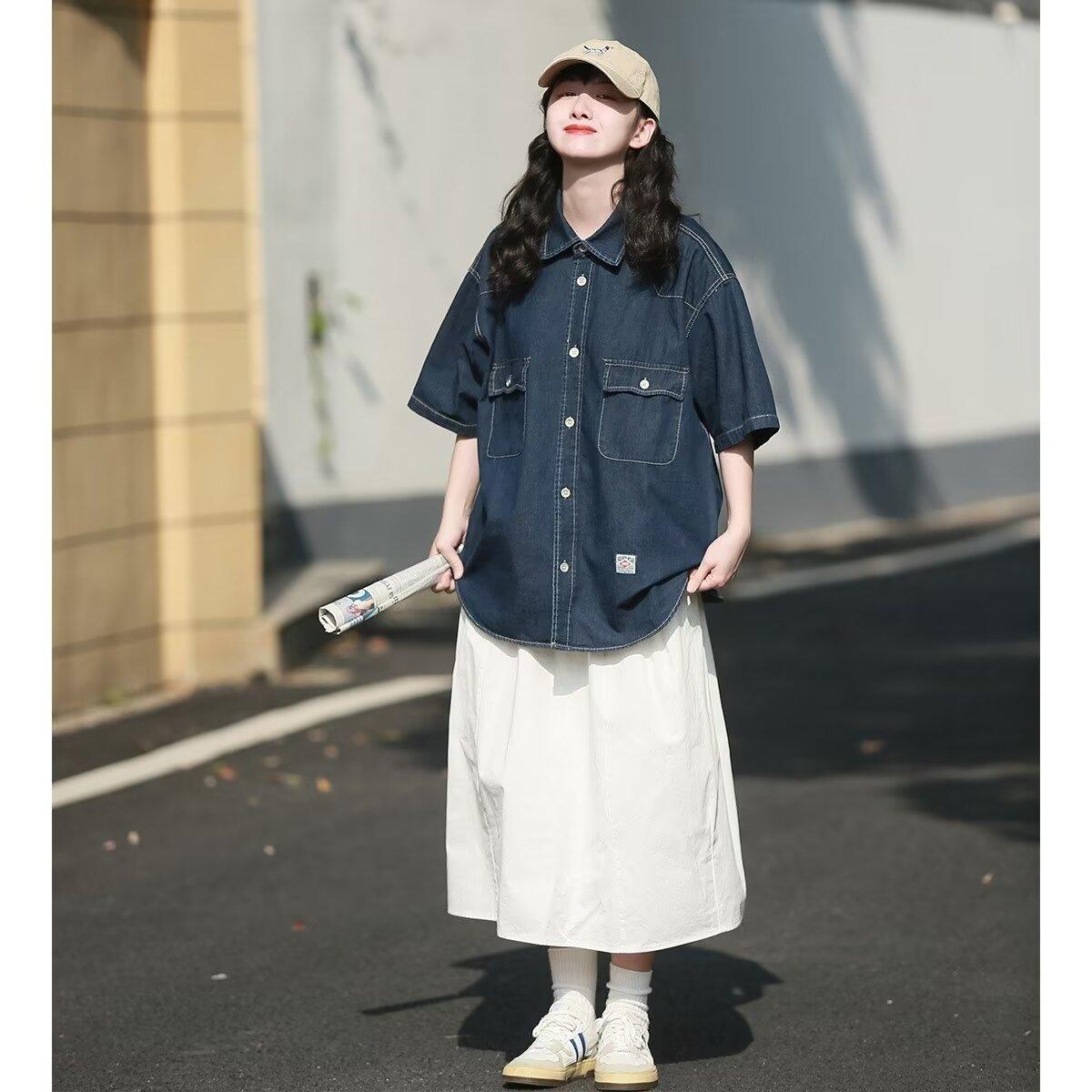 

Японский ретро модный бренд летняя свободная джинсовая рубашка с короткими рукавами художественная молодежная рабочая рубашка мужская и женская многослойная куртка 2XL темно-синий