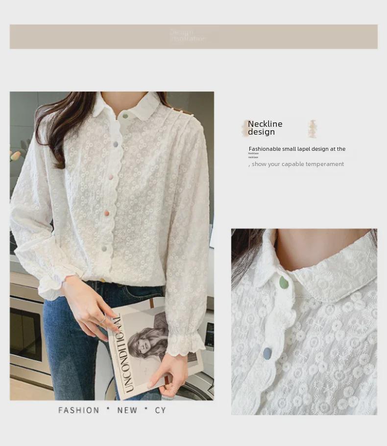 Embroidered White Cotton Lapel Shirt, Women's Long Sleeve Spring 2025 - Sweet, Stylish Design