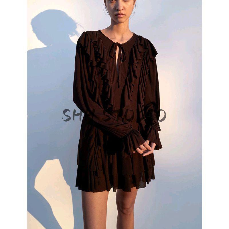 Spring New Women's Clothing Bows Lace-up Crew Neck Long Sleeves Laminated Decoration Short Dress 4813320