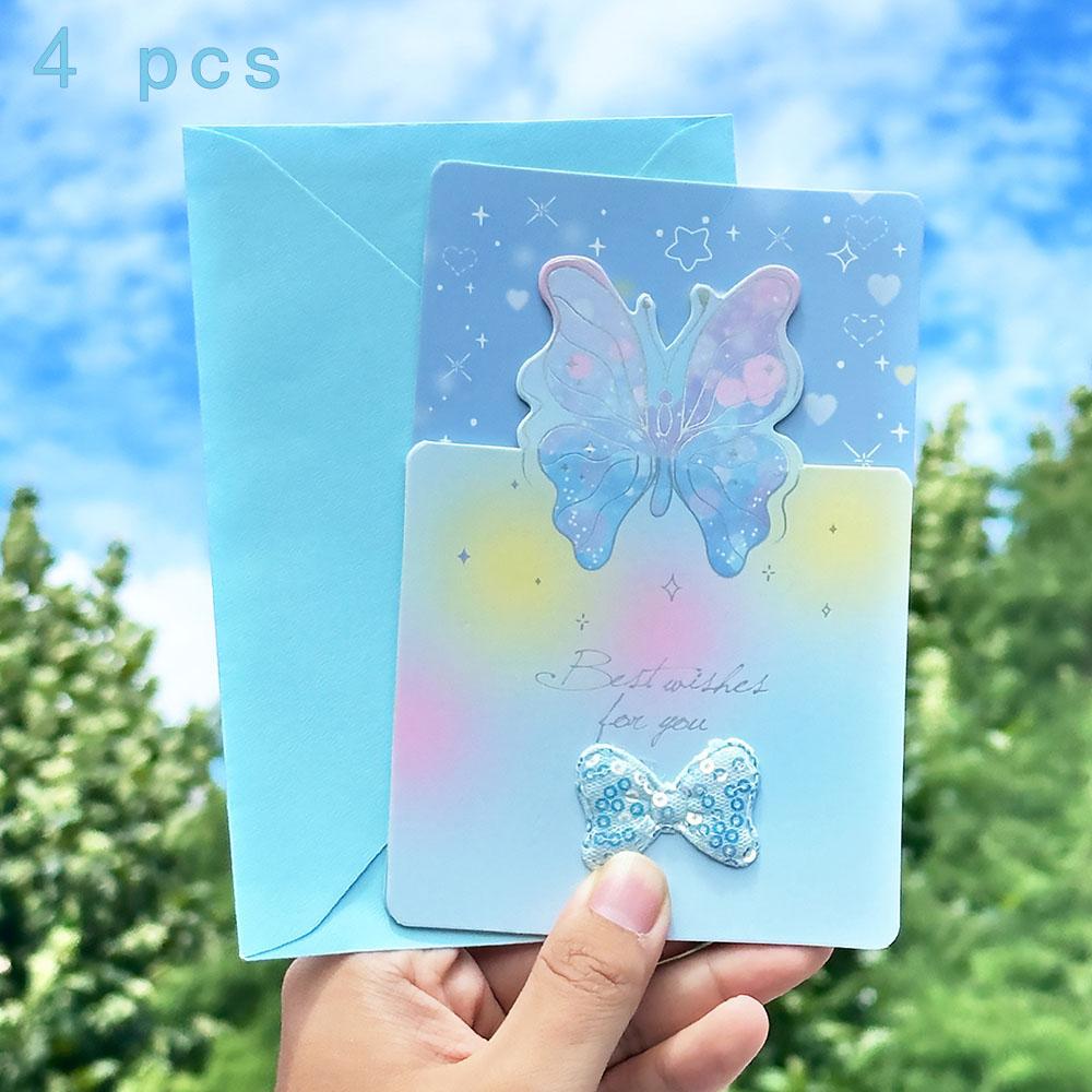 4 pcs Butterfly shaped greeting card, exquisite message envelope, postcard, bow, three fold discount card
