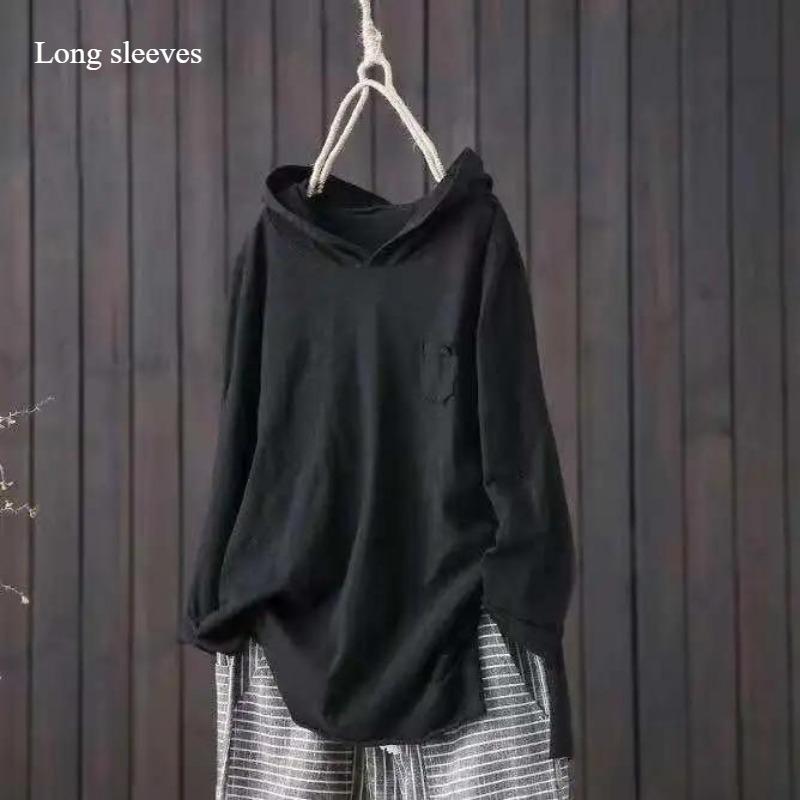 Cotton Hooded T-shirt Women's Spring and Autumn New Loose Long-sleeved Artistic Hole Casual Top To Show Thin Slit Bottom Shirt