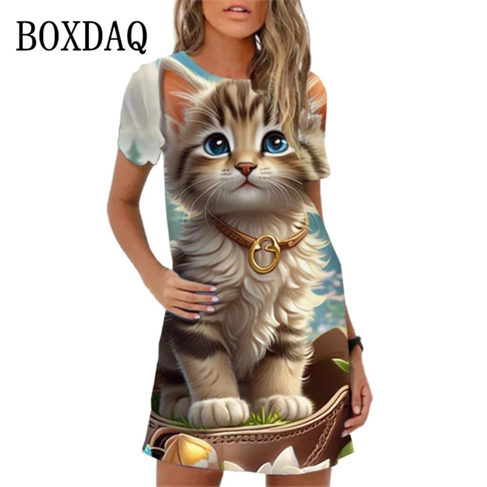 2026 New Summer Cartoon Animal Print Mini Dress Ladies Cute Dog Cat Short-sleeved Casual Loose Round Neck Dress