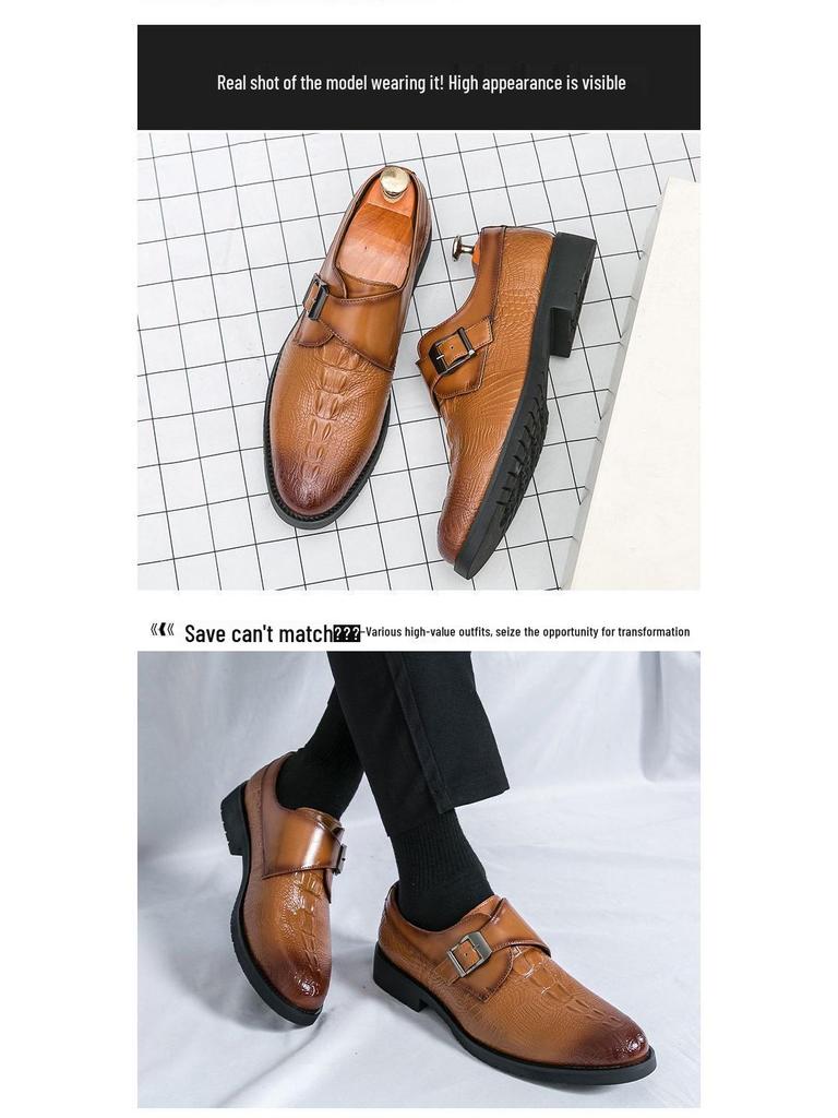 Men's Formal Crocodile Pattern Monk Strap Slip-On Shoes for Weddings and Business
