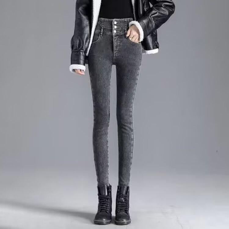 High Waist Slim Fit Fleece Lined Thickened Pencil Long Jeans Women's Autumn Winter Style Fashionable And Elegant