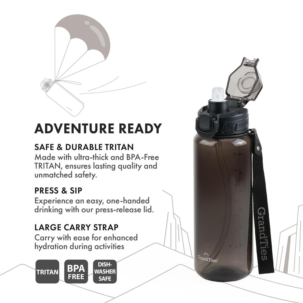 GRANDTIES Tritan Sports Water Bottle, 800ml, with a removable silicone straw, Tritan resin, leak-proof even upside down, one-push closure, and a