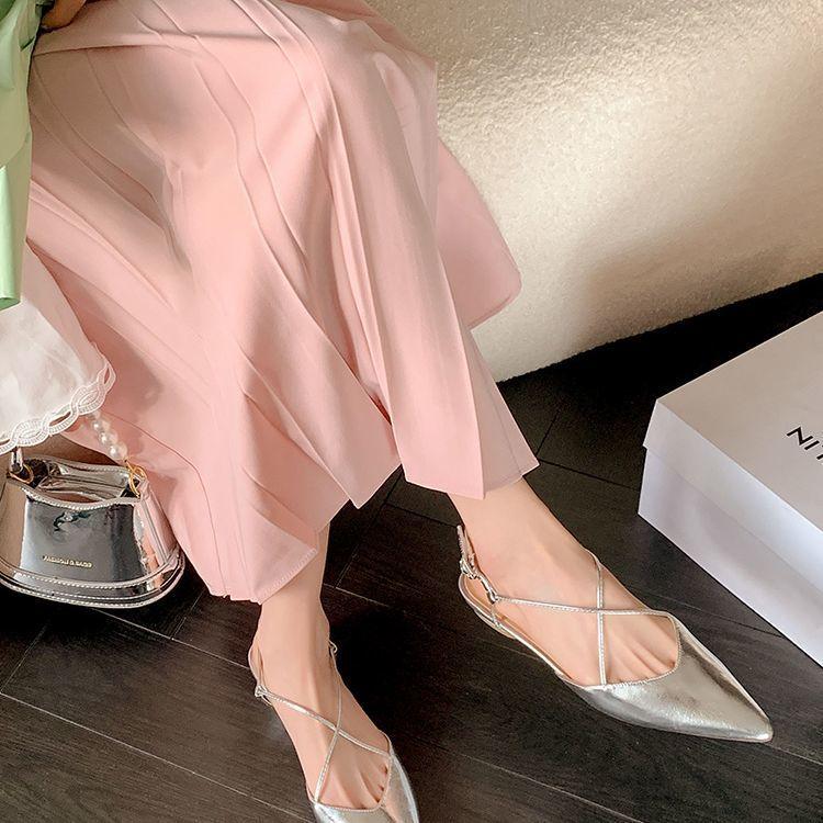 Sexy bag head silver sandals women's 2025 summer French cross-strap empty flat heel single shoes light mouth pointed flat shoes