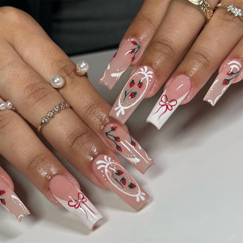 Sweet Pink French White Border Wearing Nail Rectangular Art Fake Strawberry Bow Piece
