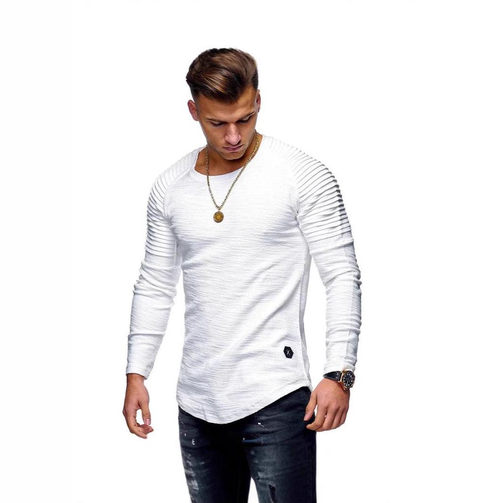Men's Slim Fit Long Sleeve Raglan T-Shirt - Solid Color, Round Neck, Pleated Sleeves, Perfect for Spring & Autumn.