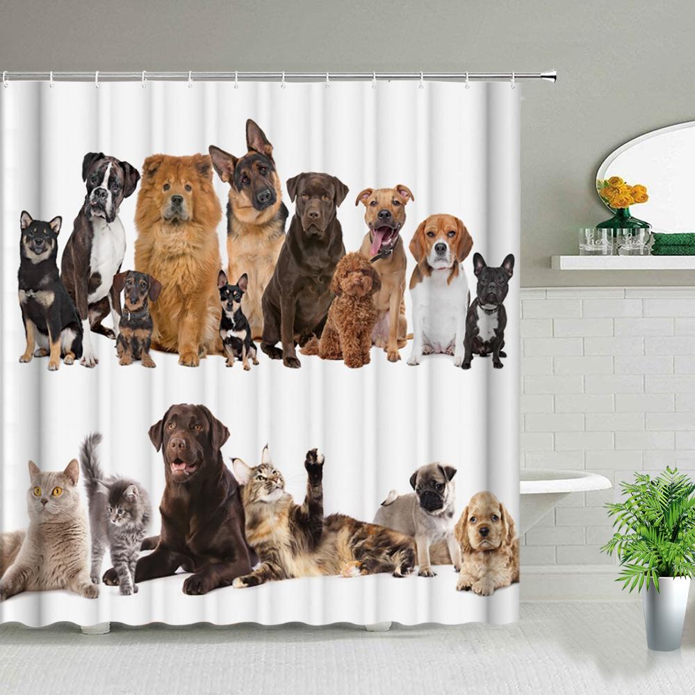 Cat Dog Cow Shower Curtain Set Cute Animal Bathroom Curtains Fabric Christmas Home Bathroom Decor Bathroom Accessories Set