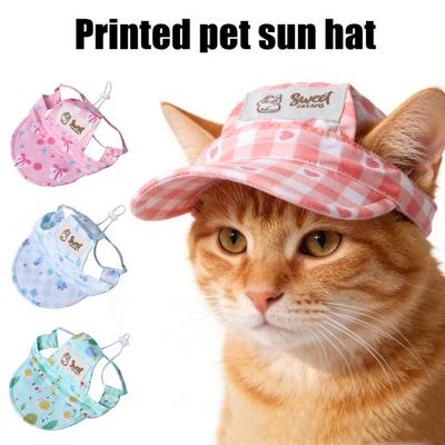 Pet Sun Hat Plaid Cat Baseball Cap with Ear Holes Adjustable Elastic Cord