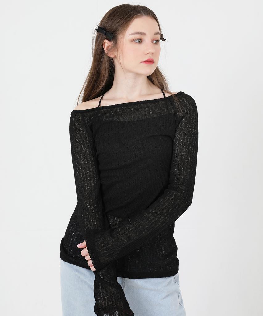 CATTLINE See-Through Back Slit Long Sleeve Knit (Black)