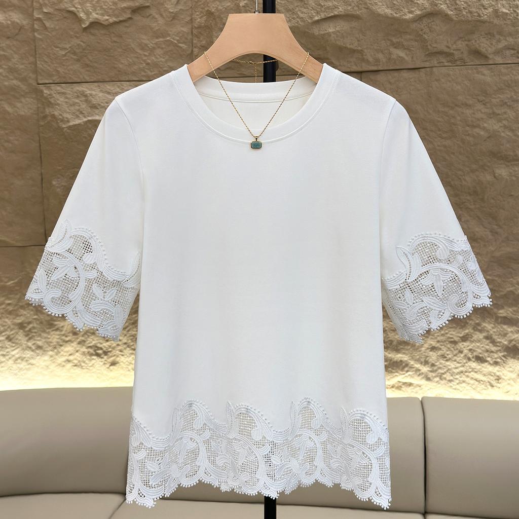 Women's Summer New Simple Everything Matching Slim Solid Color Design Sense Lace Crew Neck Patchwork Top