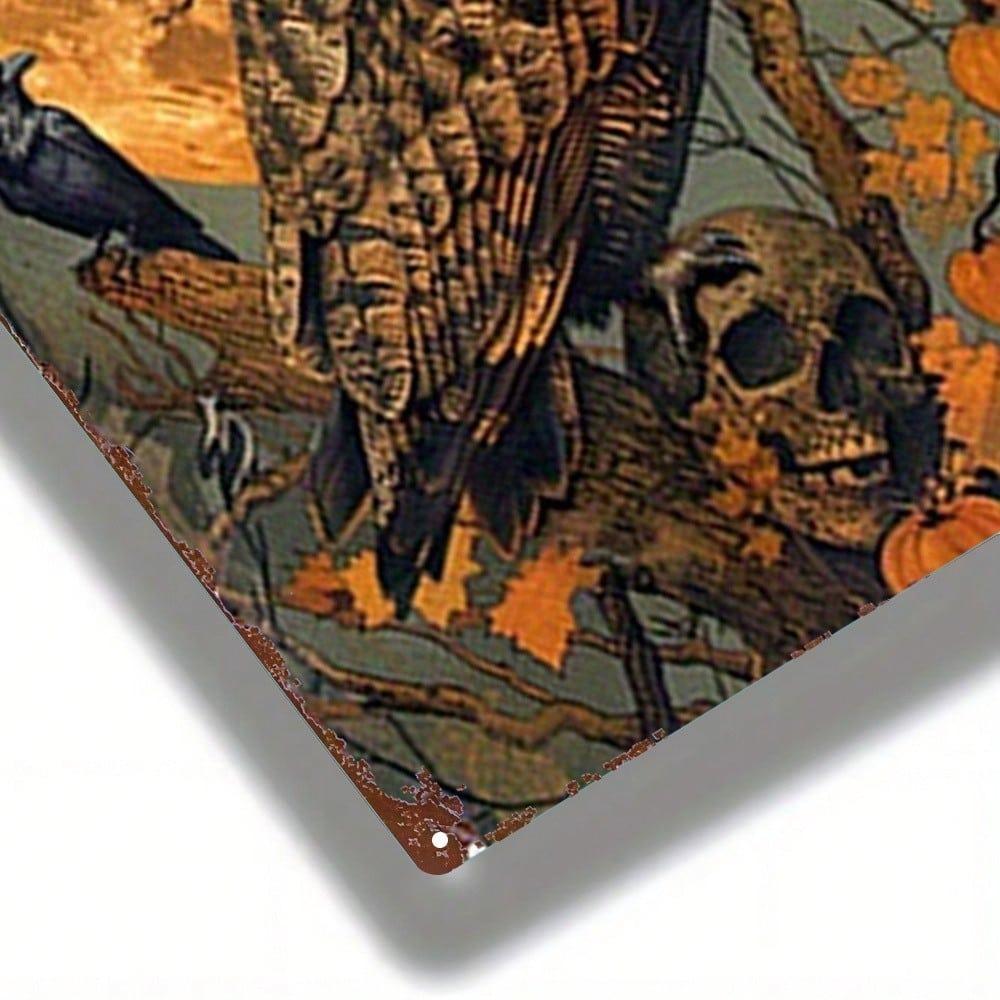 Halloween Vintage Owl Crow Moon Tin Sign, 2D Metal Wall Art for Home Kitchen Decor