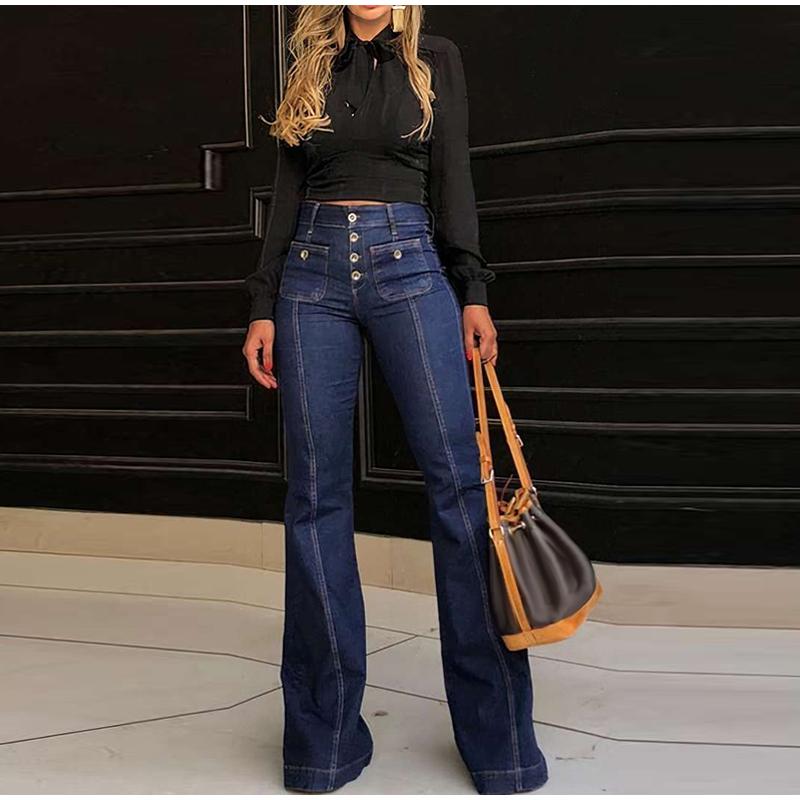 Jeans Retro a Vita Alta Slim Svasati Denim Lavato Vestibilità Elastica Pantaloni Lunghi Jeans Gamba Dritta Colore Blu Stagione Primaverile Universale