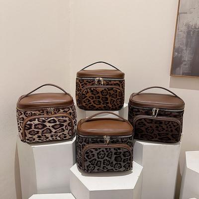 Trend Vintage Leopard Print Makeup Bag Women's High End Fashiable Splicing Faux Suede Zippers Cosmetic Bags Travel Storage Bag