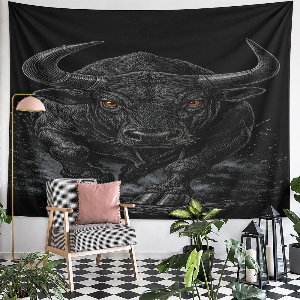 "Charging Black Bull On Black Background" Pattern Wall Hanging Tapestry Decorative Tapestry Home Decor for Bedroom and Living Room