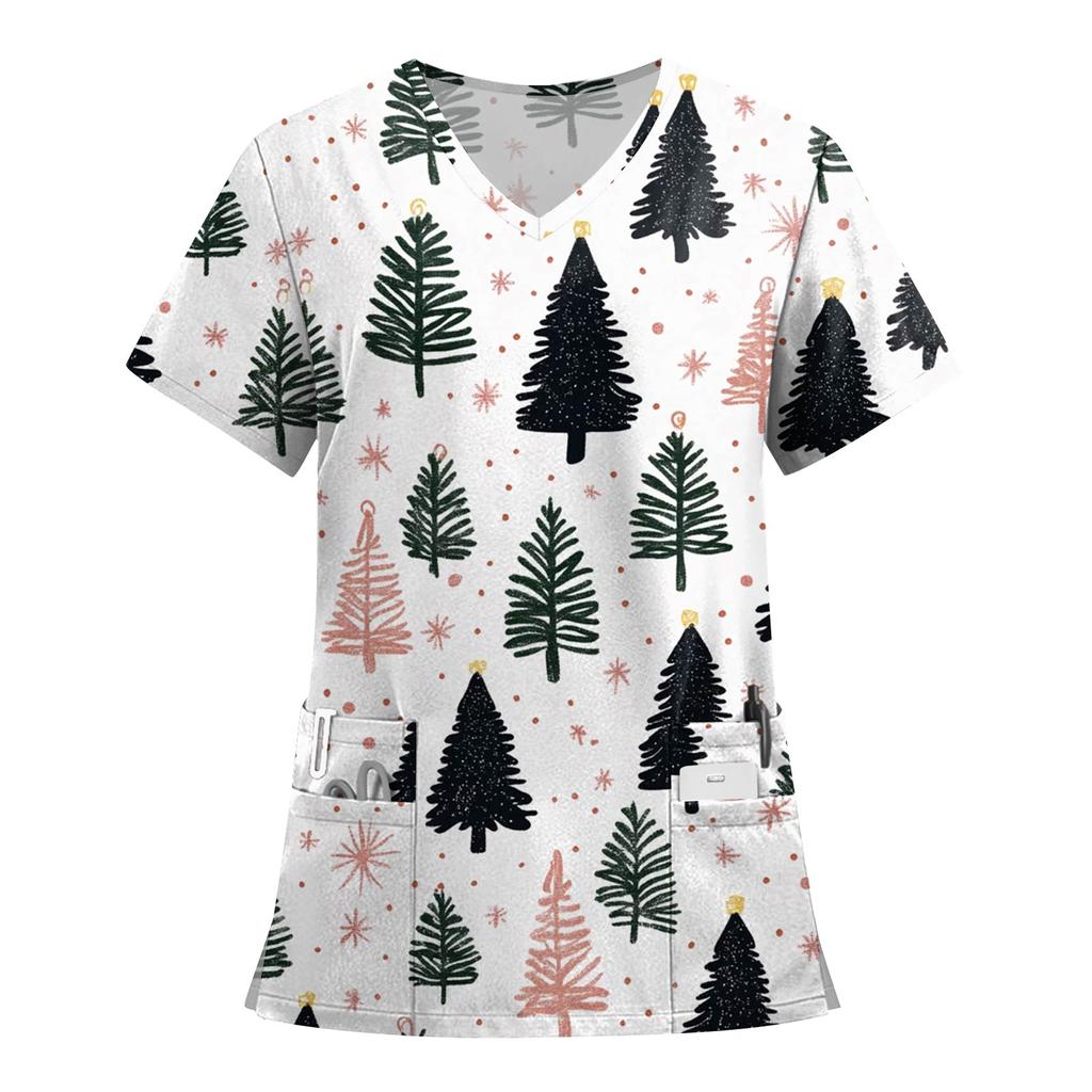 Women's Fashion Printed Short Sleeve V Neck Pattern Tops Pocket Working T-shirts