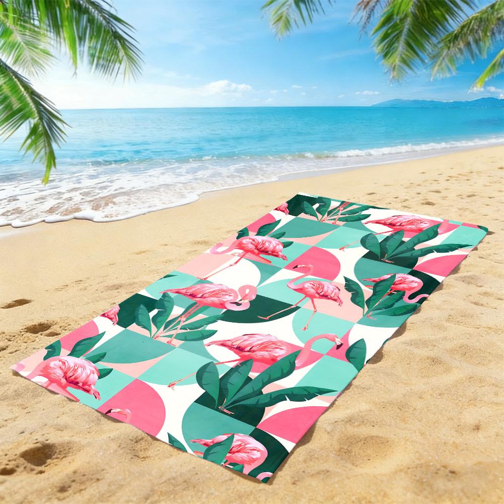 Retro Tropical Flamingo Beach Towel – Oversized Quick Dry Sand Free with Palm Leaf Print