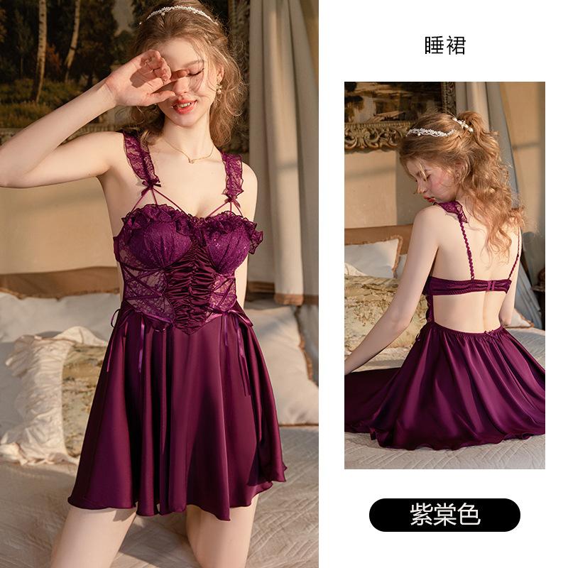 Women's Satin Lace Sheer Tie Padded Cami Sleep Dress with Robe Lounge Set