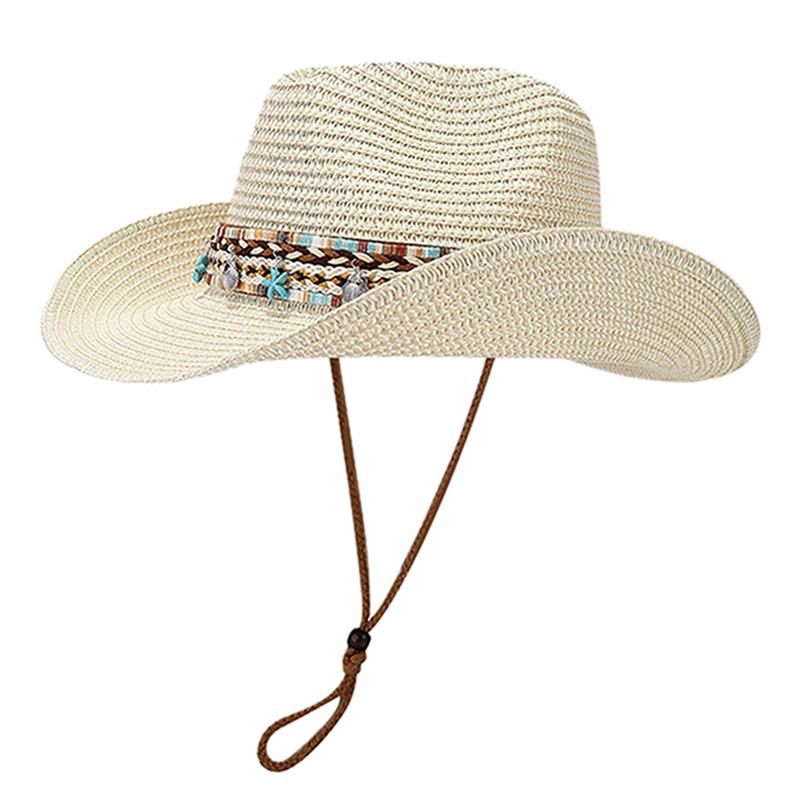Bohemian Straw Sun Hat Women Summer Breathable Foldable Sun Protection Western Cowgirls Hat Ethnic Style Holiday Beach Caps