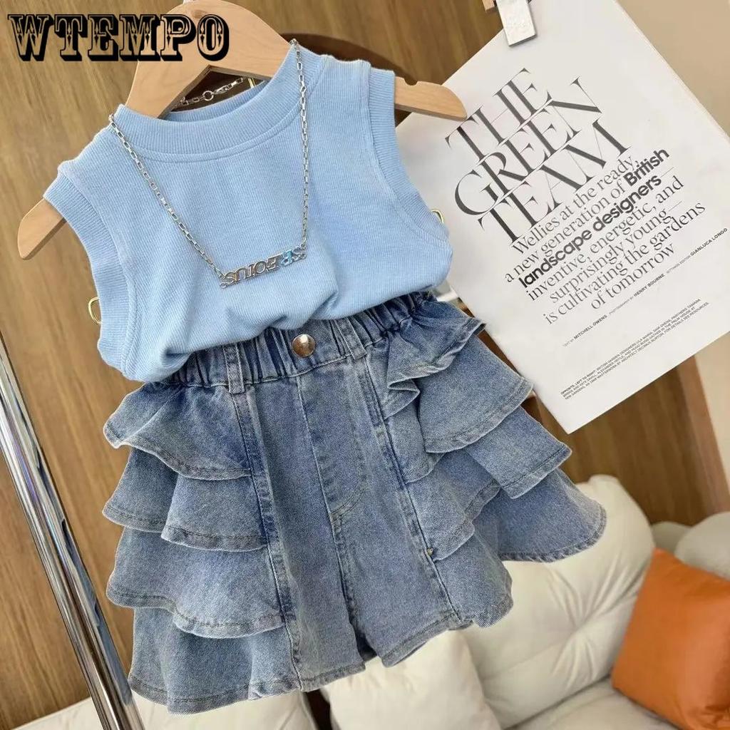 Girls' Summer Set Korean Sleeveless Vest Solid Color Sweet and Trendy Pleated Skirt Pants Stylish and Trendy
