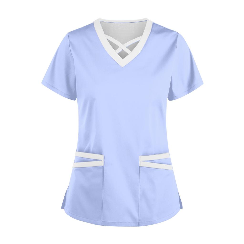Women's Fashionable V-Neck Short-Sleeved Work Clothes With Drawstrings And Pockets Color Matching Tops And Protective Clothing