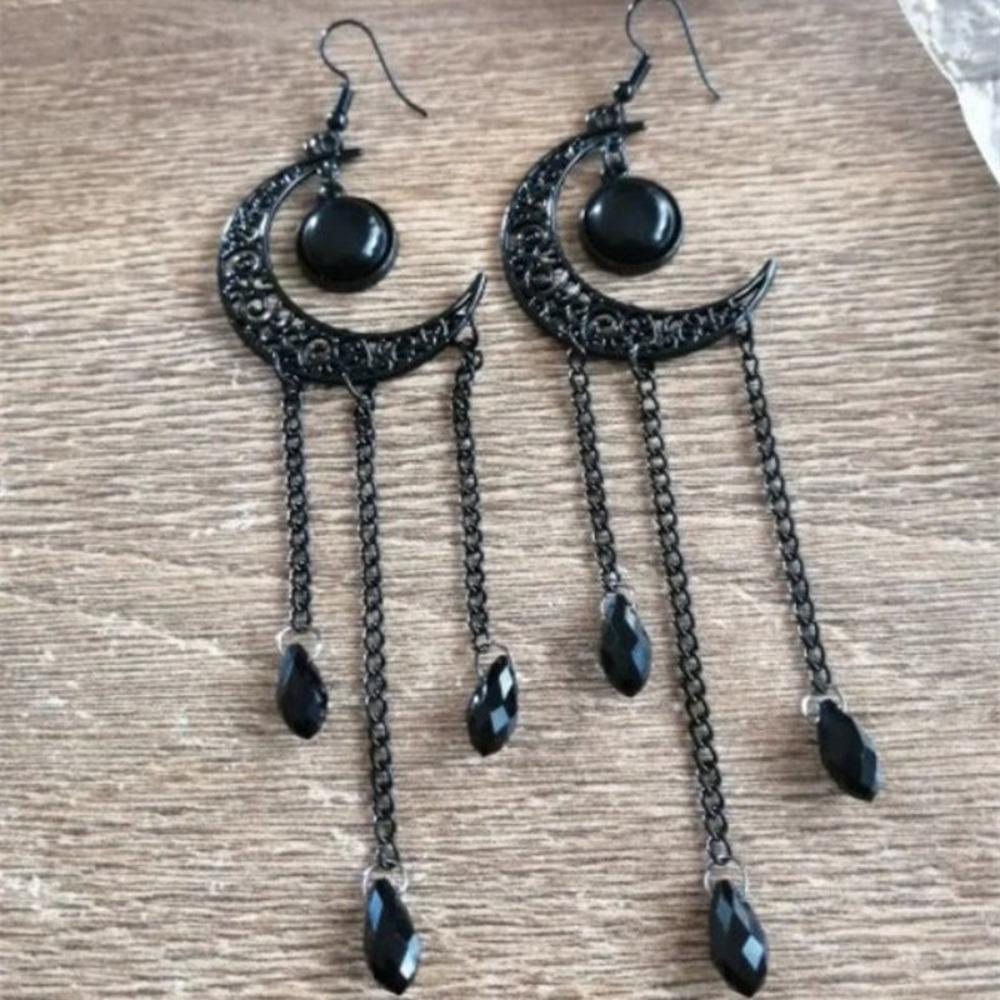 Alternative Bohemia Black Moon Solar System Water Droplet Tassel Dangle Earrings for Women Gothic Hallowmas Party Jewelry Gifts