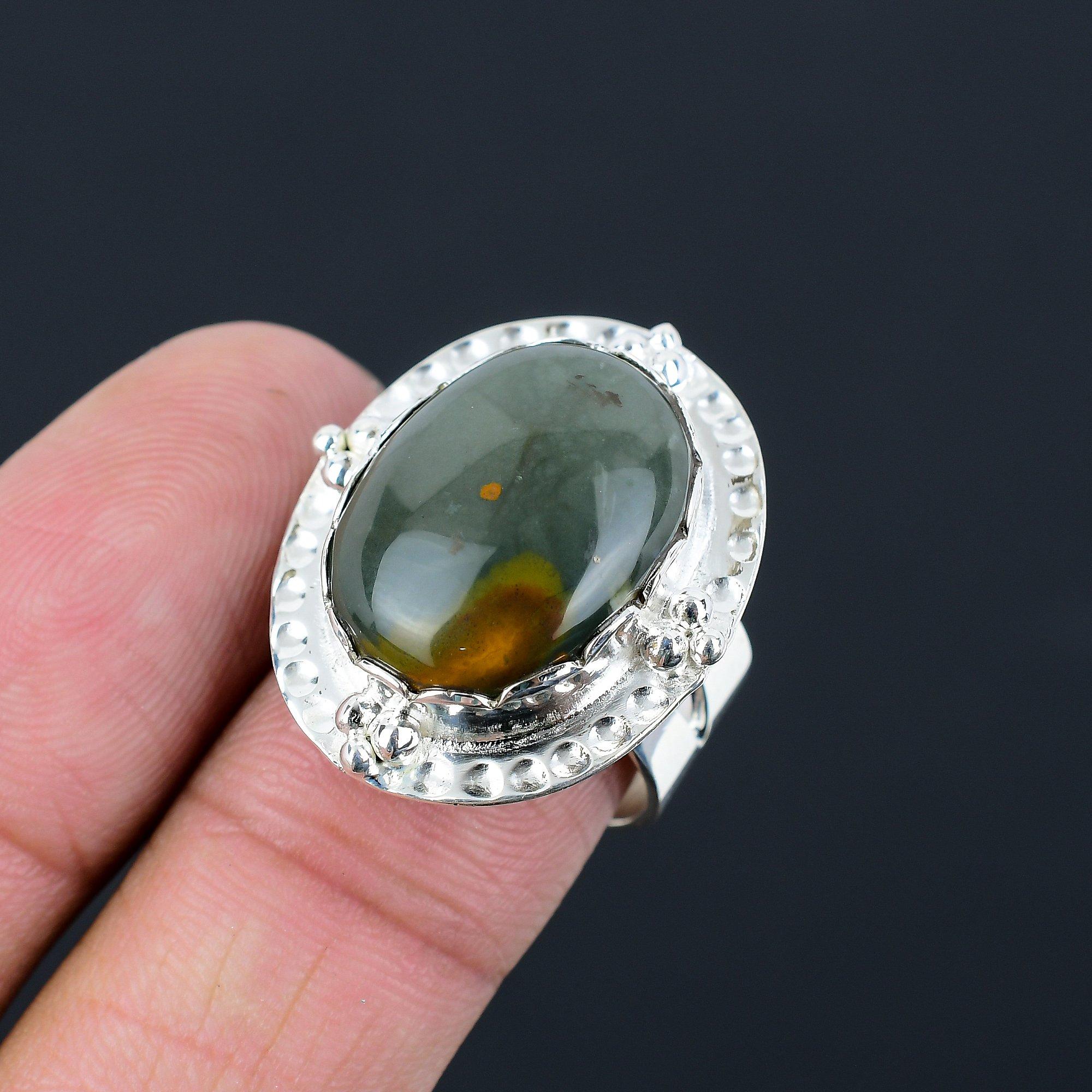 Sterling Silver Oval Natural Polychrome Jasper Art Deco Stackable Ring US 8.5 8.5