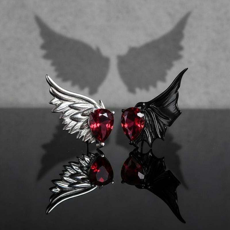 Red Zircon Earrings For Women Gothic Punk Wing Angel Devil Ear Studs Jewelry Gift