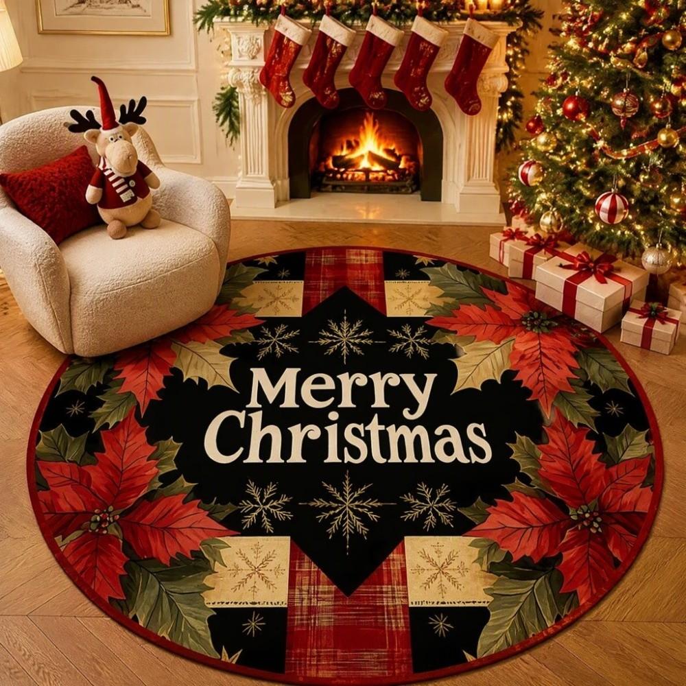Santa Claus Christmas Rug 2D Flat Printed Christmas Doormat Round Vortex Carpet Christmas