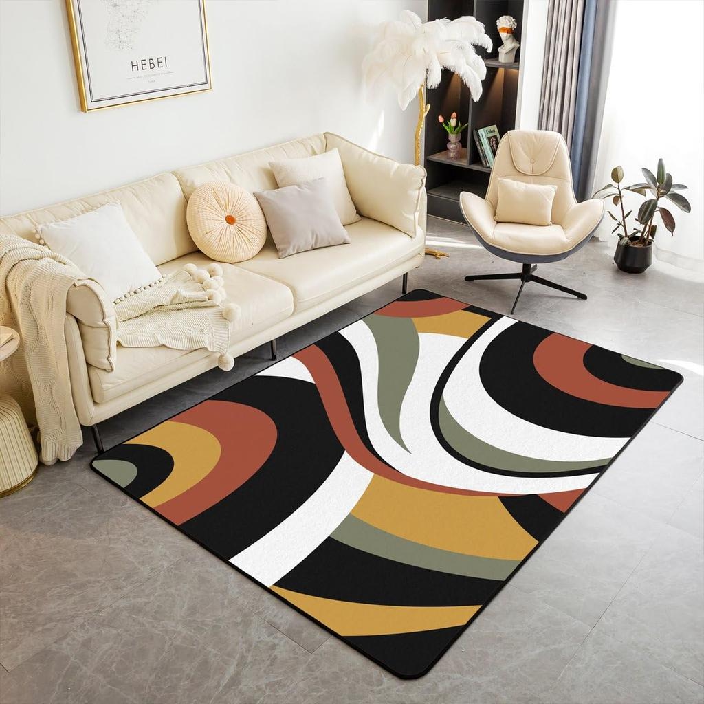 Contemporary Earthy Tone Themed Rug,Red Brown Beige Abstract Wave Non-Slip Floor Mat for Bedroom Living Room Office Decor Carpet