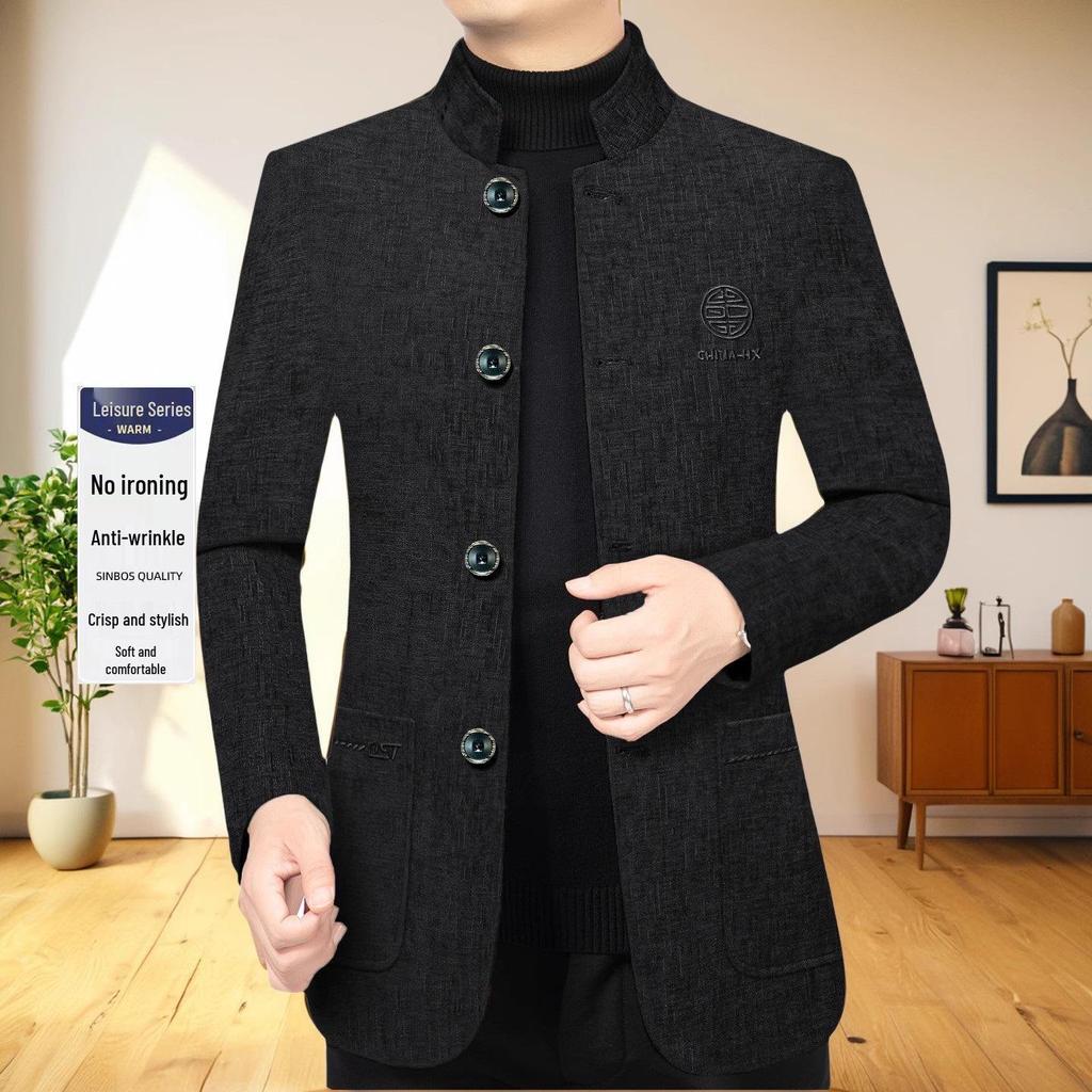 Men's Ethnic Style Woolen Stand-Up Collar Jacket - Business Casual, Warm Winter Wear for Middle-Aged Dads
