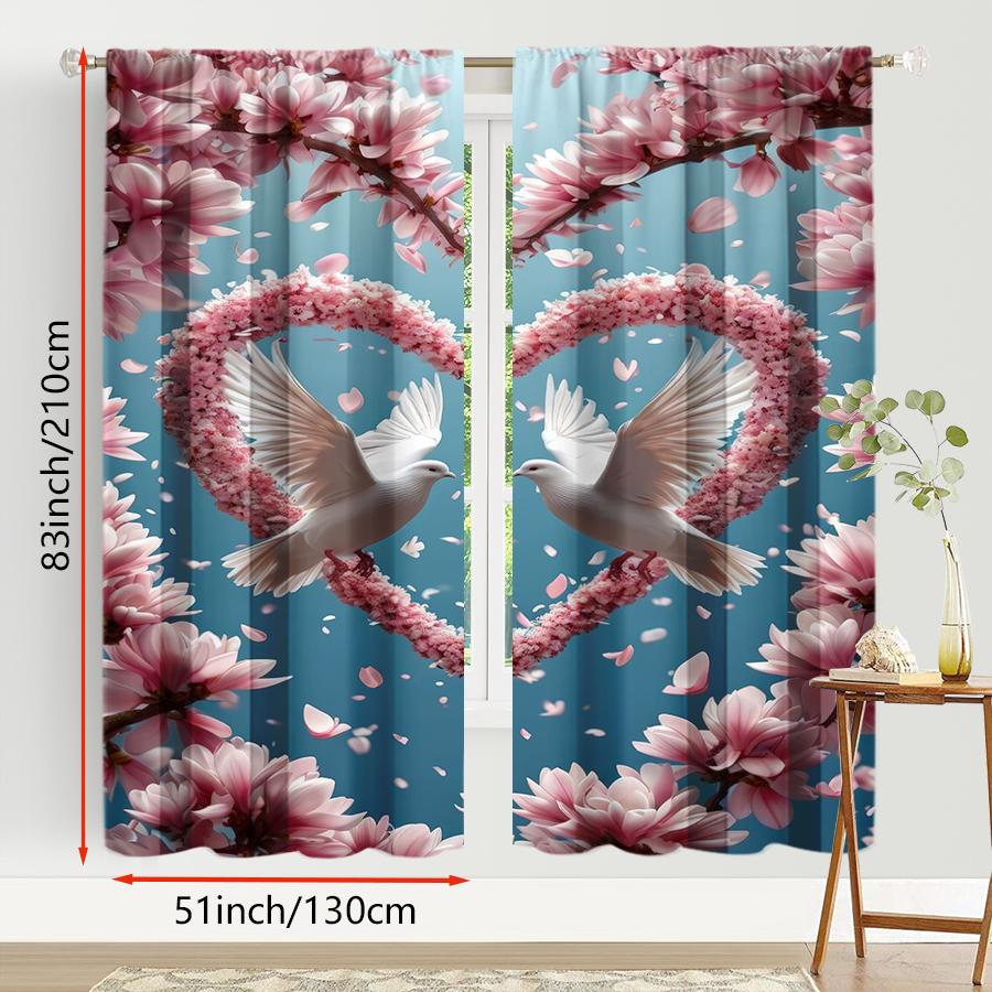 2PCS blue background pink flower white dove curtain   romantic spring view   bedroom and living room   drawbar pocket style