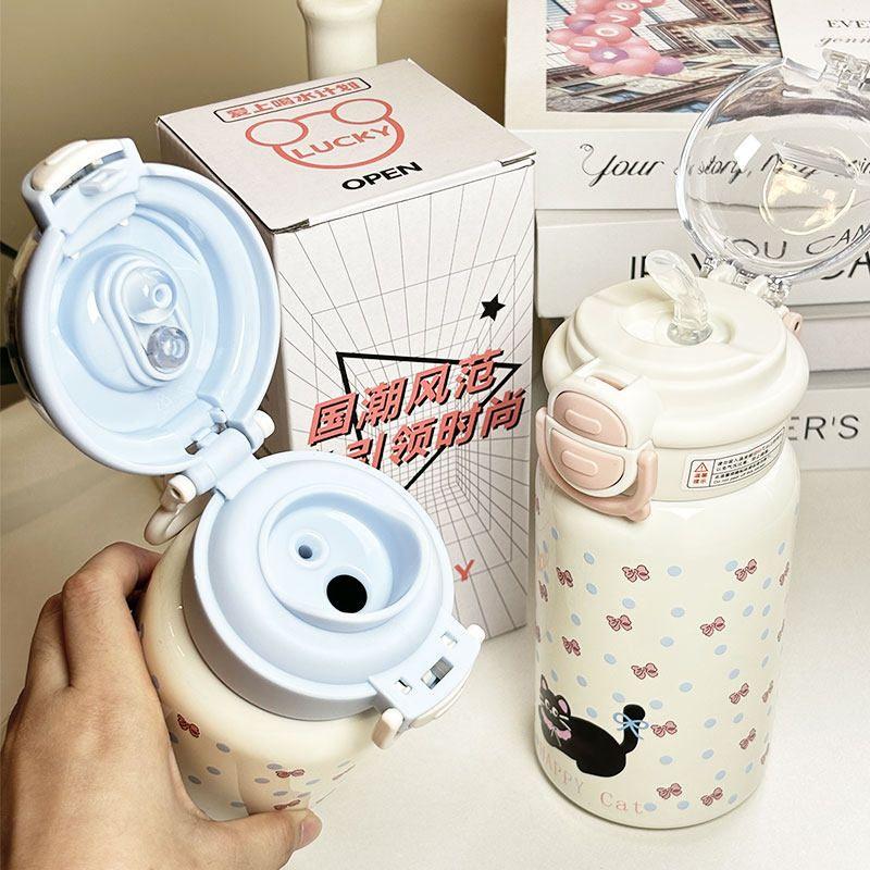 Large Capacity Thermos Cup Female Children's Straw Cup Good-looking Stainless Steel Water Kettle Primary School Student School Special Water Cup