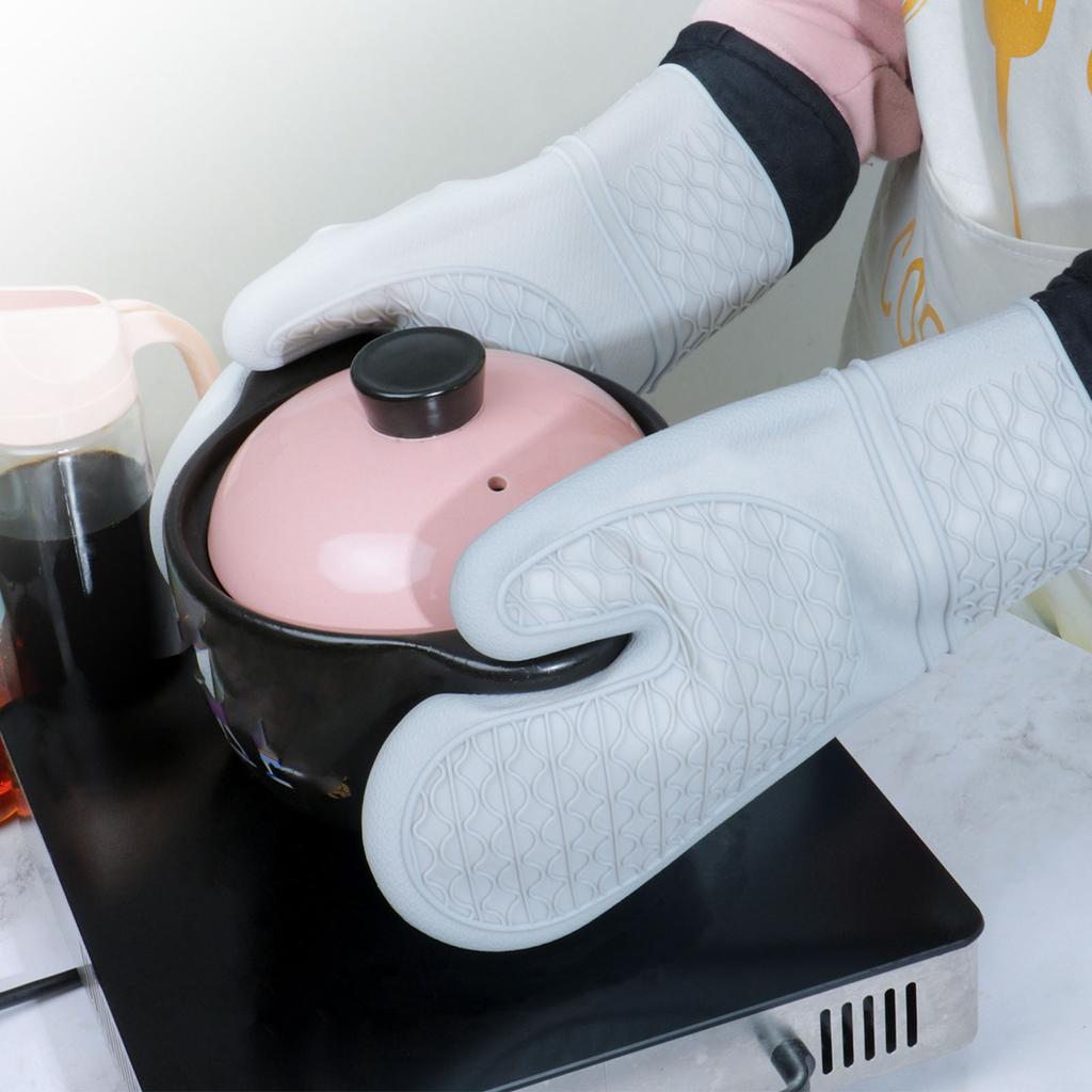 Silicone Oven Gloves Microwave Oven Gloves Heat Resistant Baking Antiscald Thickened Baking Gloves Gray