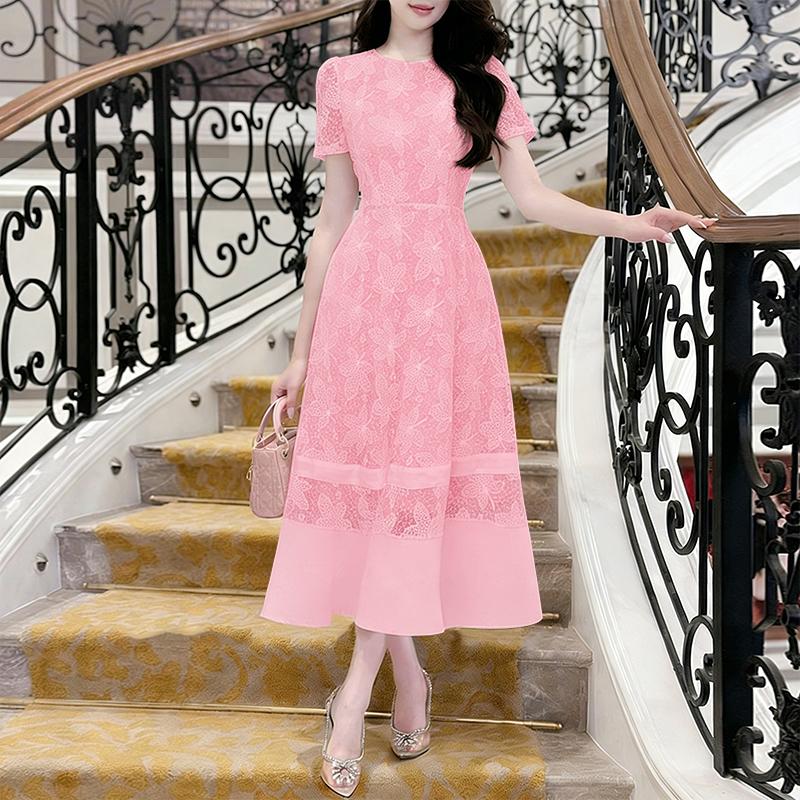 ZANZEA Women Casual Round Neck Short Sleeve Elegant Lace Long Dress