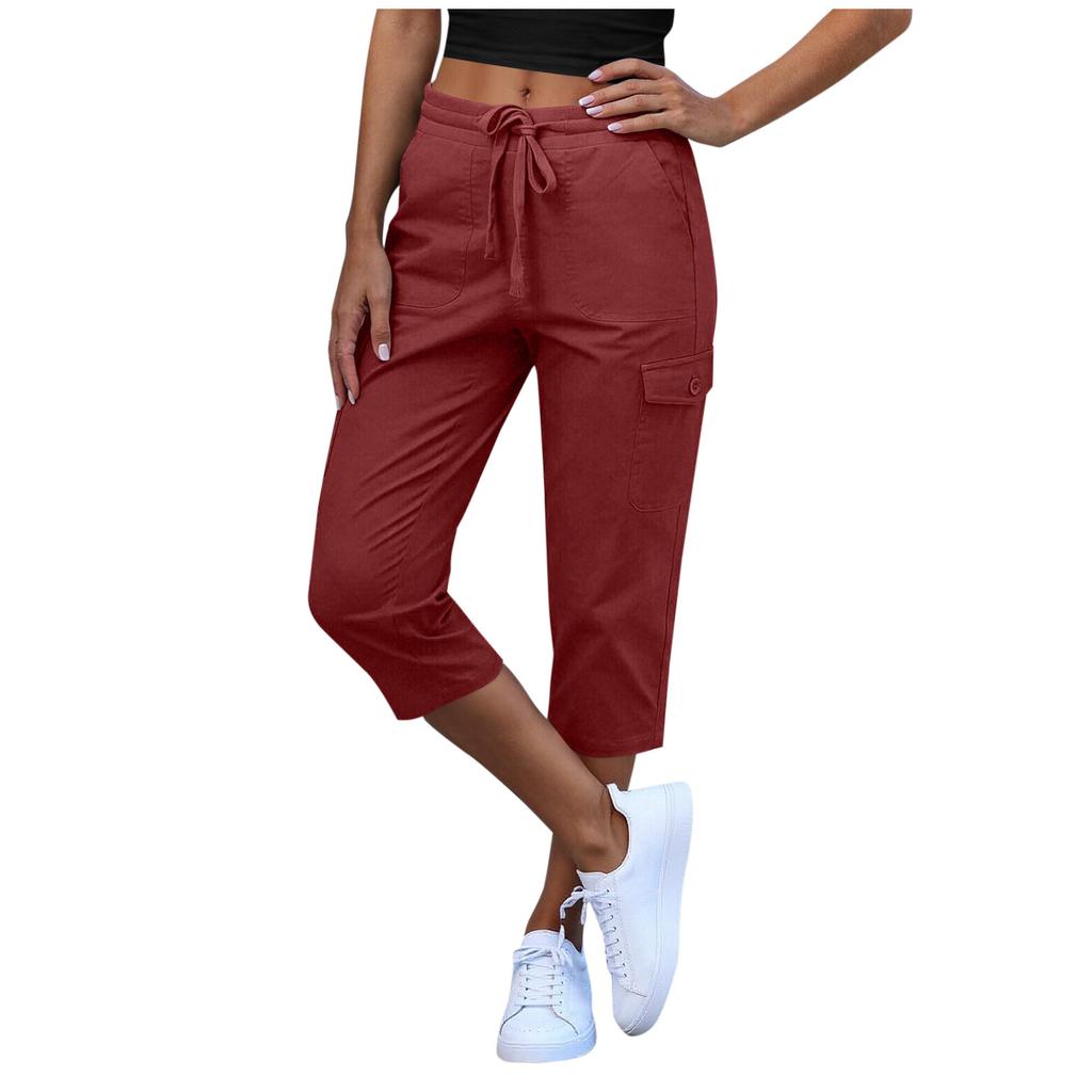 Women Elastic High Waist 3/4 Pant Casual Fit Wide Capris Leg Pants Trousers With Pockets