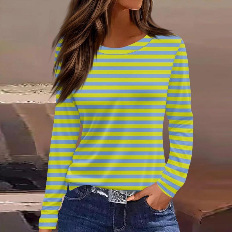 Vår og høst Langermet Gradient Stripe Trykte T-skjorter Kvinner Basic Casual Topper Kvinnelig Løs Rund Hals Tees Klær