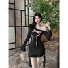 Pure desire style bow lace off-the-shoulder long-sleeved dress women's autumn and winter new slim-fitting and thin hip-wrapped short skirt