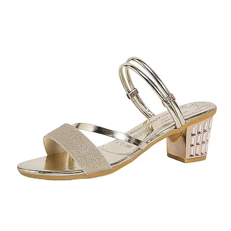 Medium Heel Sandals Women's New Comfortable Thick Heel Fashion Sequins One Shoe Two Wear One Word Buckle Sandals
