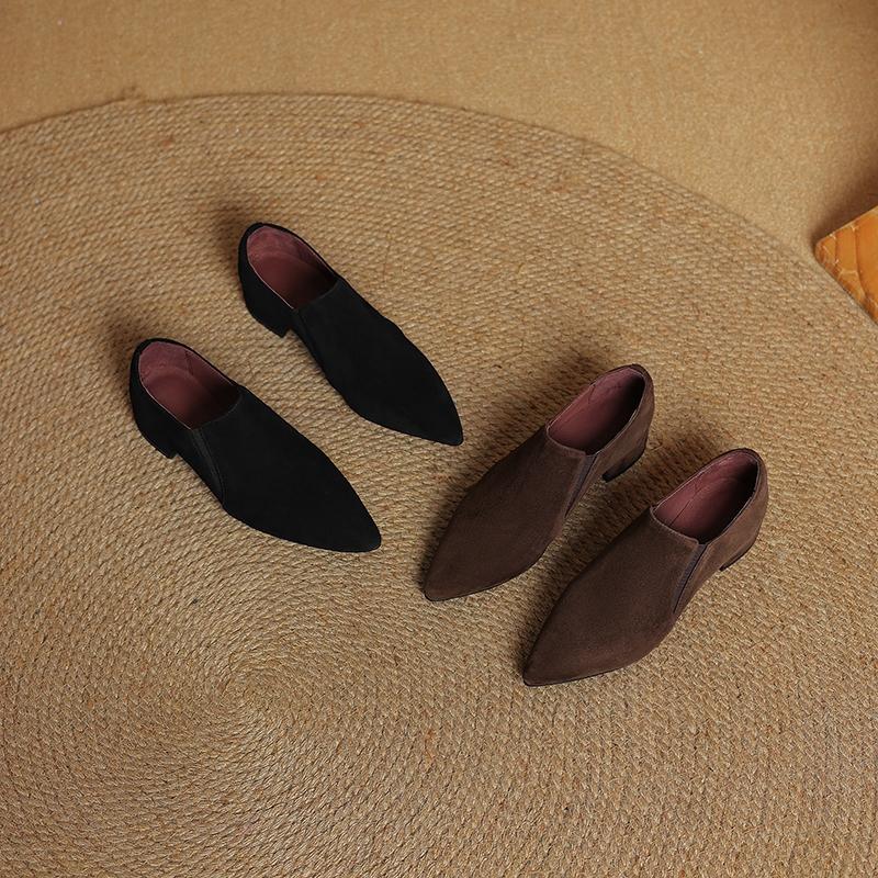 Fashion Women's New Spring and Autumn Pointed Leather Sheep Suede Comfortable Low Heel Plus Size Retro Work Oxford Shoes