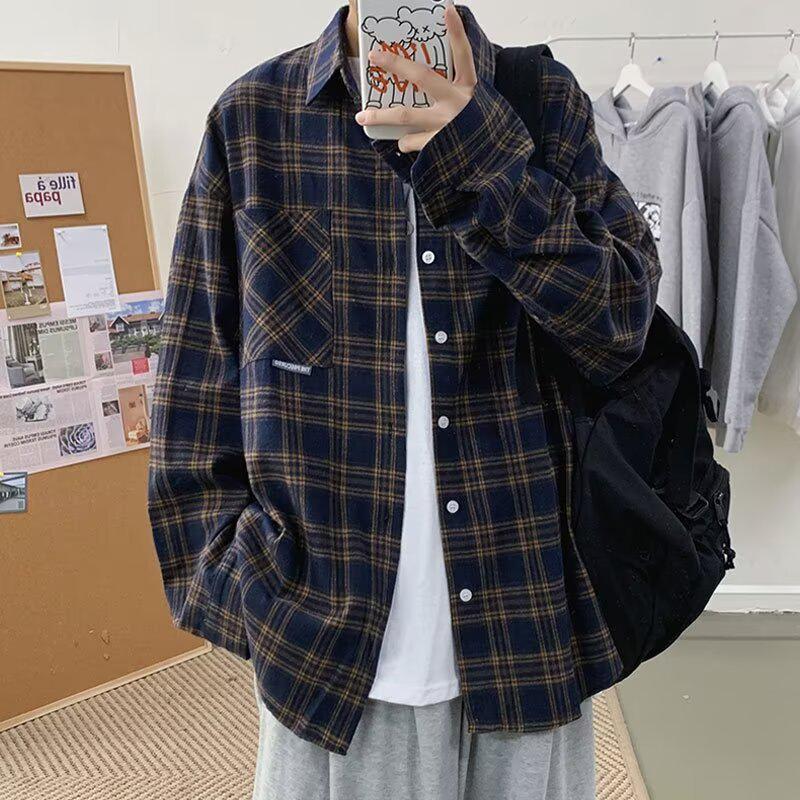 

Men s Plaid Long Sleeve Shirt - Spring/Autumn, Korean Style, Casual Retro Outerwear 3XL чорний
